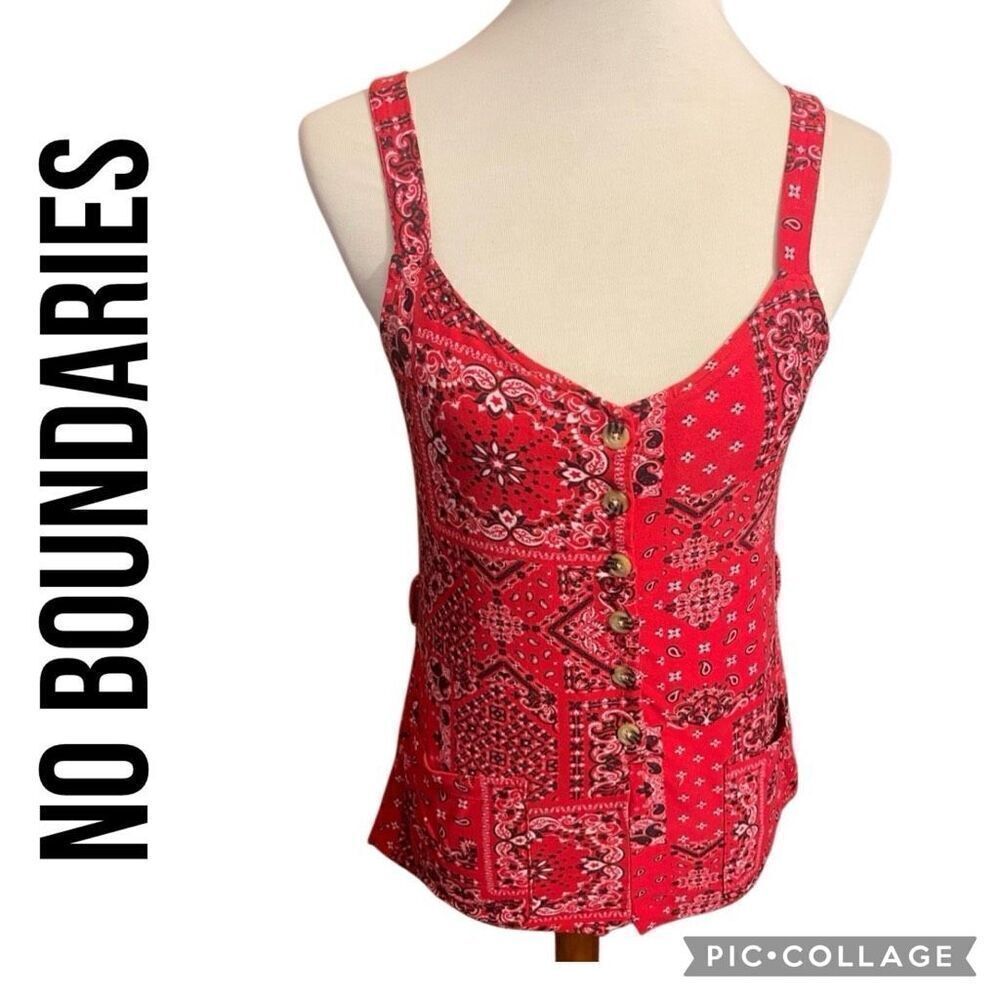 No Boundaries Red Bandana Sleeveless Button Down Festival Western Top Size X-Sma